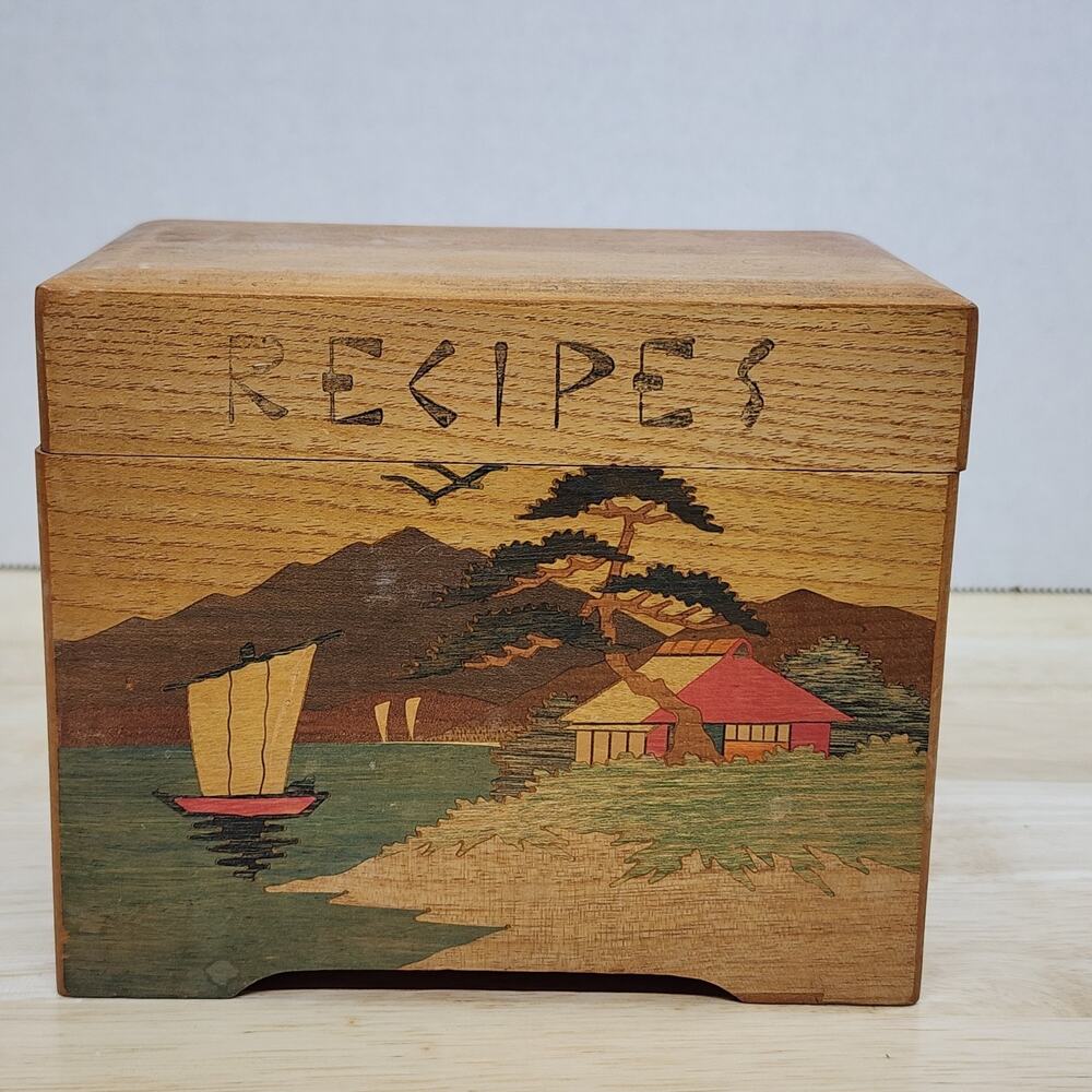 Vintage Nevco Japan Wooden Recipe Box Hinged Lid Asian Boat Scenic Kitchen 3x5